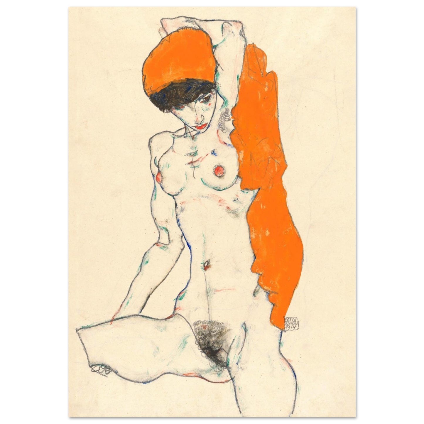 Nudo con Drappeggio Arancione - Egon Schiele - Poster senza cornice