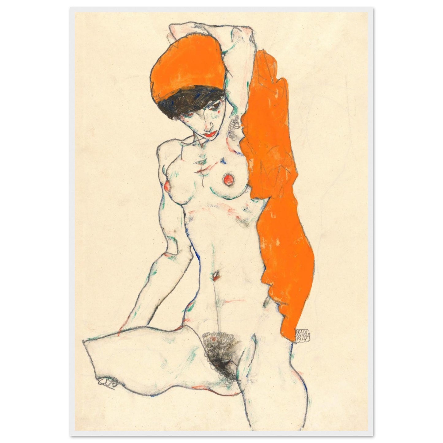 Nudo con Drappeggio Arancione - Egon Schiele - Poster con cornice
